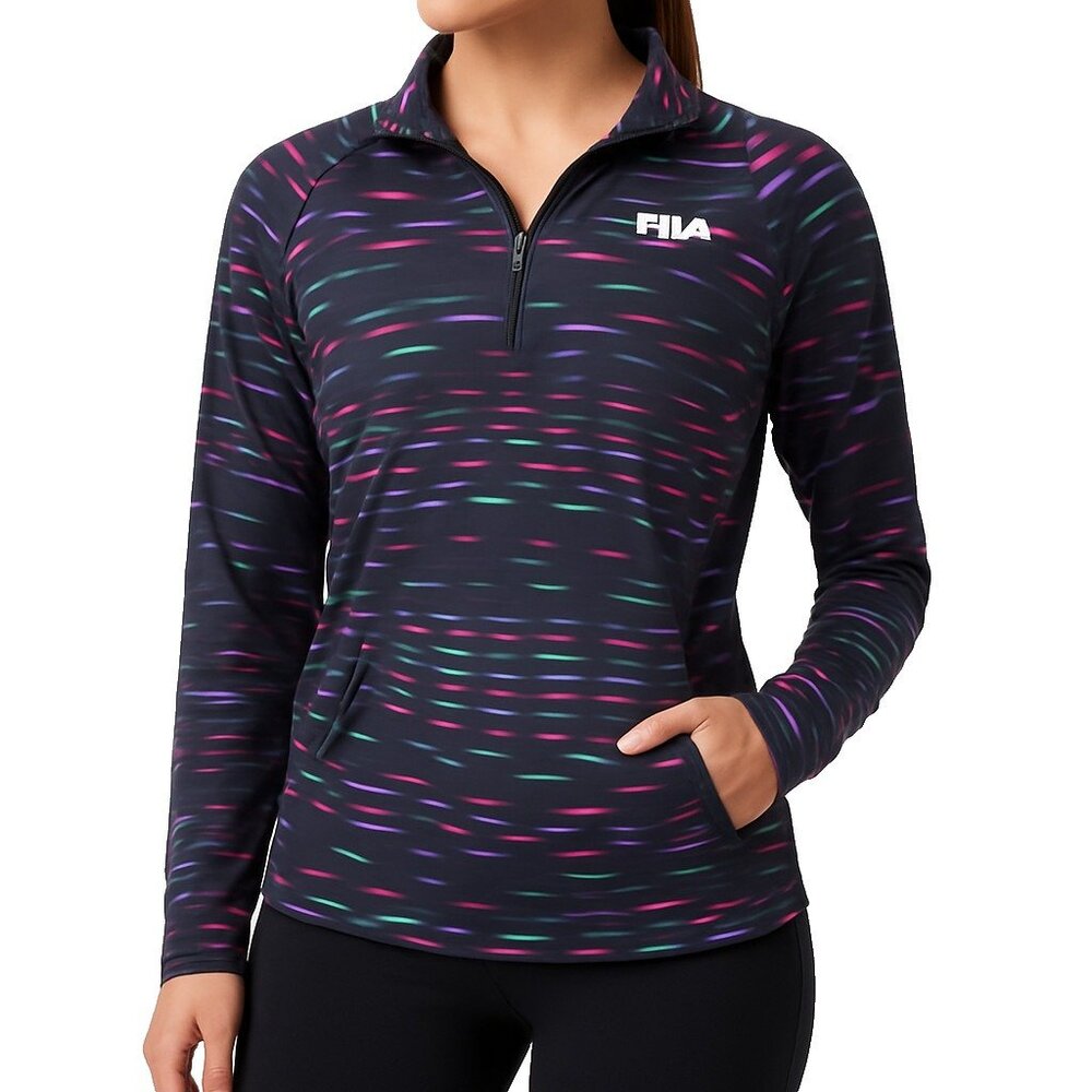 Fila Sport L Black Multicolor 1/4 Zip‎ Long Sleeve Stretch Pullover Athletic Top